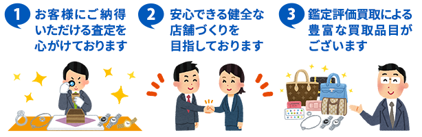 ①お客様にご納得いただける査定を心がけております ②安心できる健全な店舗づくりを目指しております ③鑑定評価買取による豊富な買取品目がございます
